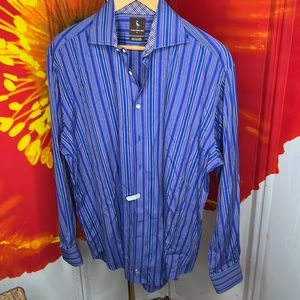 Tailorbyrd  striped blue with multicolored rainbow stripe embroidered detail